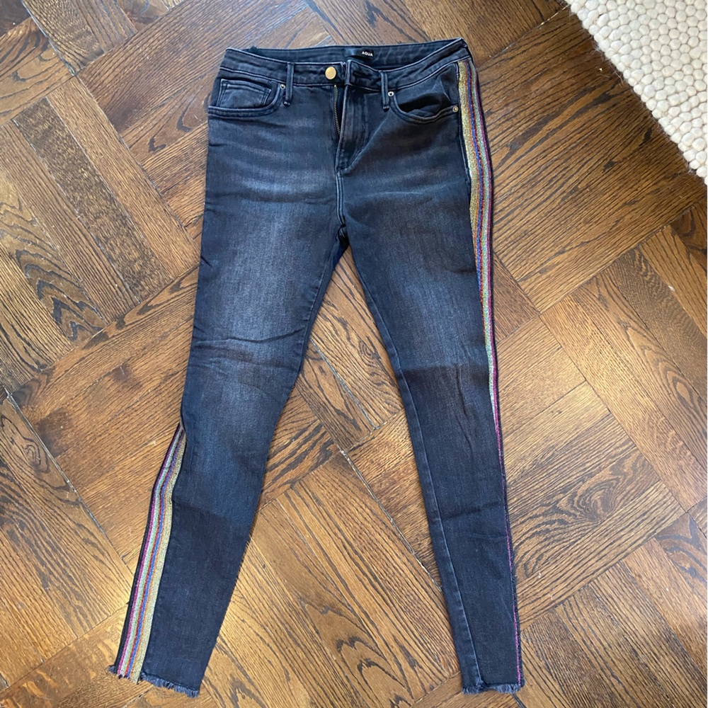 Black Aqua Skinny Stretch Jeans with Side Glitter Rainbow